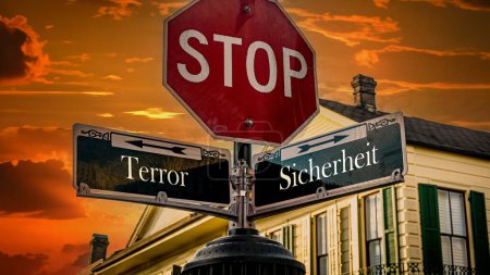 An image with a signpost pointing in two different directions in German. One direction points to security, the other points to terror.