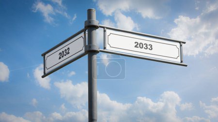 An image with a signpost pointing in two different directions in German. One direction points to 2033 the other points to 2032