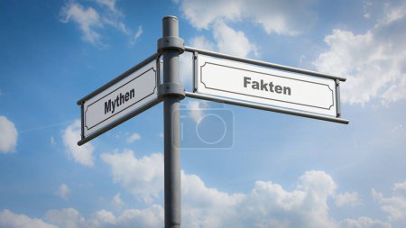 An image with a signpost pointing in two different directions in German. One direction points to facts, the other points to myths.