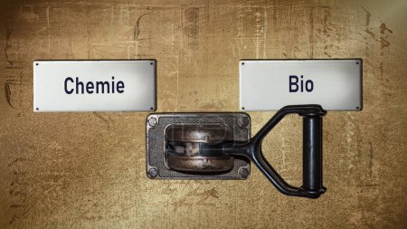 Una imagen con una señal apuntando en dos direcciones diferentes en alemán. Una dirección apunta a Bio, la otra apunta a Química.