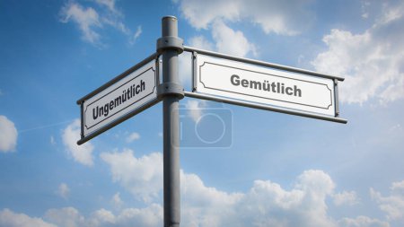 An image with a signpost pointing in two different directions in German. One direction points to Cozy, the other points to Uncomfortable.