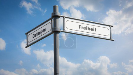 Une image avec un panneau pointant dans deux directions différentes en allemand. Une direction pointe vers la liberté, l'autre vers la captivité.