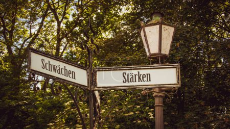 Una imagen con una señal apuntando en dos direcciones diferentes en alemán. Una dirección apunta a las fortalezas, la otra apunta a las debilidades.