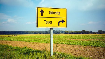 An image with a signpost pointing in two different directions in German. One direction points to Cheap, the other points to Expensive.