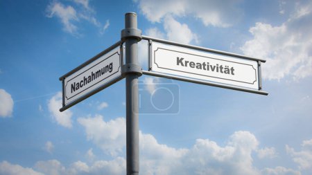 An image with a signpost pointing in two different directions in German. One direction points to creativity, the other points to imitation.
