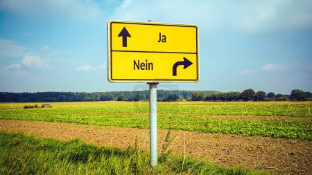 An image with a signpost pointing in two different directions in German. One direction points to yes, the other points to no.