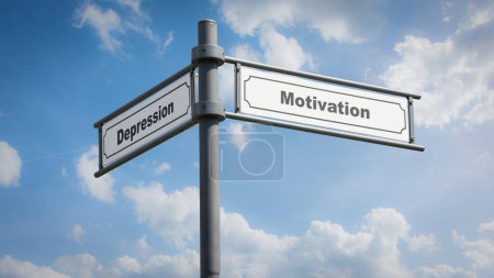 An image with a signpost pointing in two different directions in German. One direction points to motivation, the other points to depression.