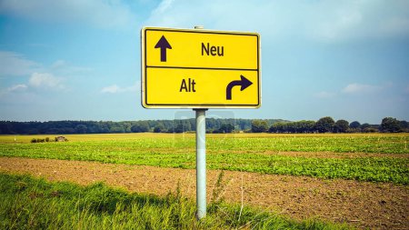 An image with a signpost pointing in two different directions in German. One direction points to courage, the other points to fear.