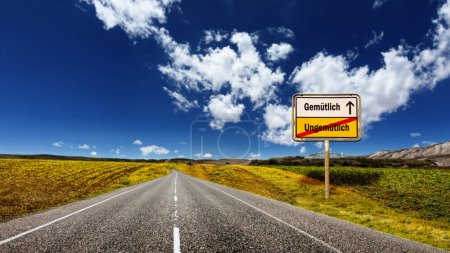 Photo for An image with a signpost pointing in two different directions in German. One direction points to Cozy, the other points to Uncomfortable. - Royalty Free Image