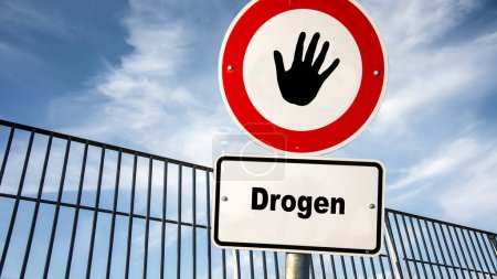 An image with a signpost pointing in two different directions in German. One direction points to drugs, the other points to therapy.