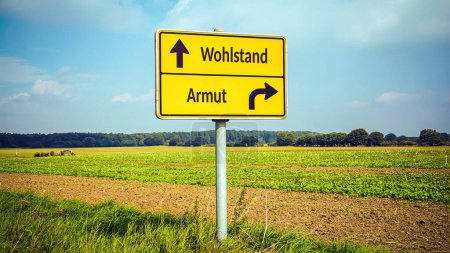 An image with a signpost pointing in two different directions in German. One direction points to wealth, the other points to poverty.