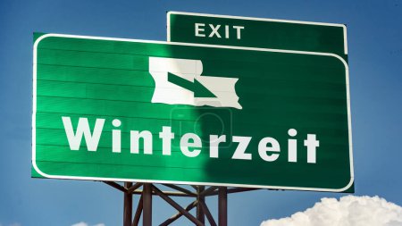 An image with a signpost in German pointing towards winter time.