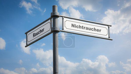 An image with a signpost pointing in two different directions in German. One direction points to non-smokers, the other points to smokers.