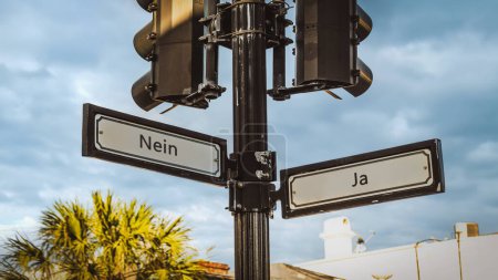 Una imagen con una señal apuntando en dos direcciones diferentes en alemán. Una dirección apunta a sí, la otra apunta a no.