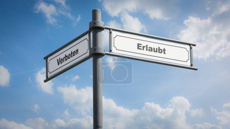 Una imagen con una señal apuntando en dos direcciones diferentes en alemán. Una dirección apunta a Permitido, la otra apunta a Prohibido.