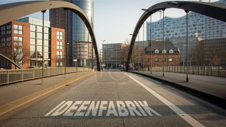 Das Bild zeigt einen Wegweiser und ein Hinweisschild in deutscher Sprache, das in Richtung Ideenfabrik weist..