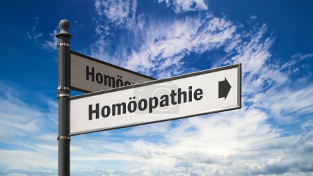 The picture shows a signpost and a sign that points in the direction of homeopathy in German.
