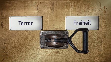 Une image avec un panneau pointant dans deux directions différentes en allemand. Une direction indique la liberté, l'autre la terreur.