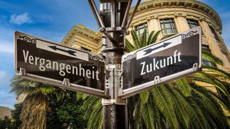 An image with a signpost pointing in two different directions in German. One direction points to the future, the other points to the past.
