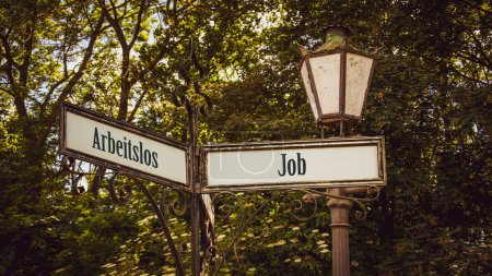 An image with a signpost pointing in two different directions in German. One direction points to Job, the other points to Unemployed.
