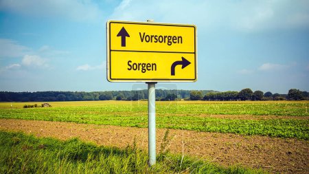 An image with a signpost pointing in two different directions in German. One direction points to precautions, the other points to worries.