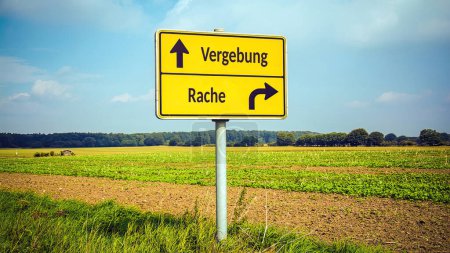 Une image avec un panneau pointant dans deux directions différentes en allemand. L'une indique le pardon, l'autre la vengeance..