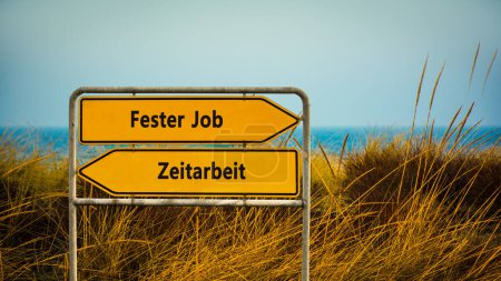 An image with a signpost pointing in two different directions in German. One direction points to permanent job, the other points to temporary work.