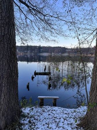 Téléchargez les photos : Rive du lac en hiver. Un parc. Neige. Soirée d'hiver. - en image libre de droit