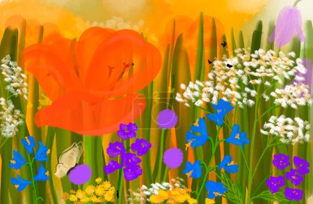 Bright computer illustration. Summer, grass, meadow flowers.