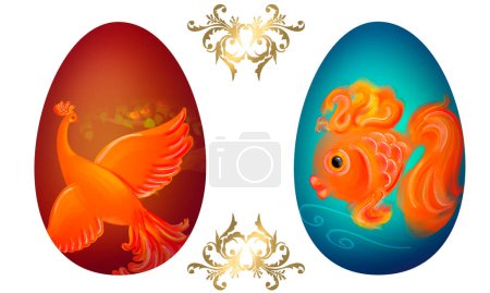 Easter symbol. Easter food. Beautiful eggs with drawings of fairy tale characters.Slavic folklore. Russian tales.