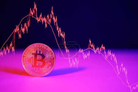 Photo for Bitcoin with blue and red lights with red crashing market volatility of crypto trading with technical graph, red candlesticks going down without resistance, market fear and downtrend. - Royalty Free Image