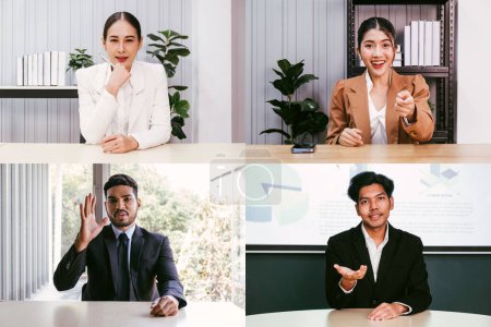 Asian businessman group webcam laptop screen view many faces of diverse people involved videoconference on-line. Businesswoman leader, team using video call app work solve common issues concept.