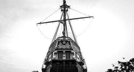Photo for Black and white photo of the scenery of the ship, the stern and the mast on the background of the sky in good weather on a summer day. - Royalty Free Image
