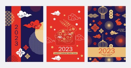 Ilustración de Año nuevo chino 2023 año del conejo símbolo del zodíaco chino, concepto de año nuevo lunar, azul y dorado moderno diseño de fondo - Imagen libre de derechos