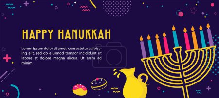 Ilustración de Banner Hanukkah feliz, plantilla para su diseño. Hanukkah es una fiesta judía. Tarjeta de felicitación con Menorah, Sufganiyot, Dreidel. Ilustración vectorial - Imagen libre de derechos