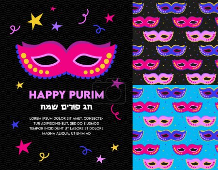 Ilustración de Diseño de patrón sin costuras para vacaciones Purim con máscara de disfraz de carnaval lindo. Fondo infantil para papel de envolver, textil y papel pintado. - Imagen libre de derechos