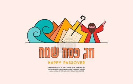 Passover , Pesach, Jewish holiday. Haggadah vector illustration. The Escape from Egypt concept. Happy Passover text in Hebrew