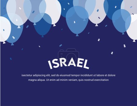 Téléchargez les illustrations : Modèle de conception de jour de l'indépendance d'Israël pour les cartes, affiche, invitation, site Web. Fête nationale d'Israël avec drapeau, ballons et feux d'artifice. Joyeuse fête de l'indépendance en hébreu - en licence libre de droit