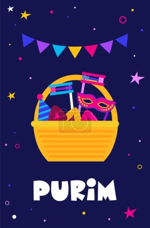 Purim basket, Purim gift basket with foods, wine, gragger and carnival costume accessories on pink, web banner