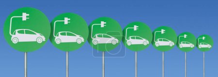 A line of green electric car plug-in signs against a bright blue sky