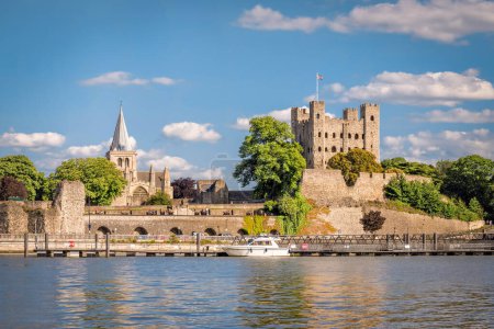 Photo for View of historical Rochester across river Medway in sunny afternoon. - Royalty Free Image