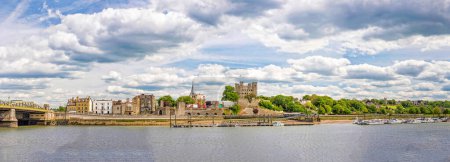 Photo for Panoramic view to city with medieval structures, bridge, river and clouds in Rochester, Kent - Royalty Free Image