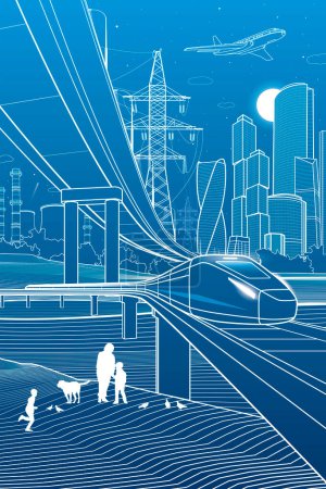 Illustration for Outline city illustration. Railroad bridge. Car overpass. Train rides. City Infrastructure and transport image. Urban scene. Vector design art. White lines on blue background - Royalty Free Image