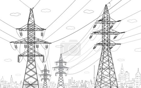 Illustration for High voltage transmission systems. Electric pole. Power lines. A network of interconnected electrical. Vector design illustration - Royalty Free Image