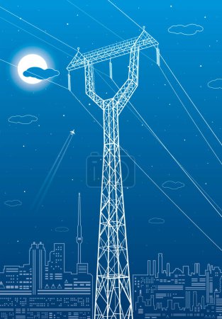 Illustration for High voltage transmission systems. Electric pole. Power lines. A network of interconnected electrical. White otlines on blue background. Vector design illustration - Royalty Free Image