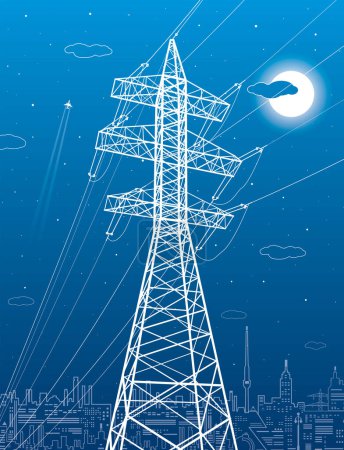 Illustration for High voltage transmission systems. Electric pole. Power lines. A network of interconnected electrical. White otlines on blue background. Vector design illustration - Royalty Free Image