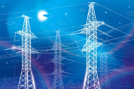 Illustration for High voltage transmission systems. Electric pole. Neon glow. Power lines. A network of interconnected electrical. White otlines on blue background. Vector design illustration - Royalty Free Image
