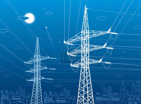Illustration for High voltage transmission systems. Electric pole. Power lines. A network of interconnected electrical. City scene. White otlines on blue background. Vector design illustration - Royalty Free Image
