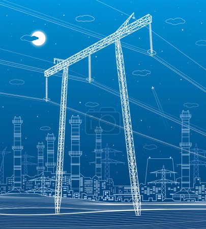 Illustration for High voltage transmission systems. Electric pole. Power lines. A network of interconnected electrical. City scene. White otlines on blue background. Vector design illustration - Royalty Free Image