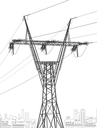 Illustration for High voltage transmission systems. Electric pole. Power lines. A network of interconnected electrical. City scene. Black otlines on white background. Vector design illustration - Royalty Free Image